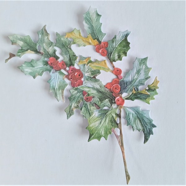 6 x holly branch die cuts, Christmas card toppers, festive leaves and berries die cuts, Xmas holly die cuts, scrapbooking and card making