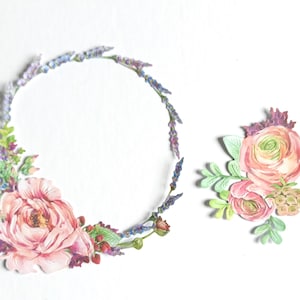 2 juegos de troqueles de coronas de flores, recortes de coronas de flores de lavanda y rosa para diarios basura, fabricación de tarjetas, álbumes de recortes con flores de papel