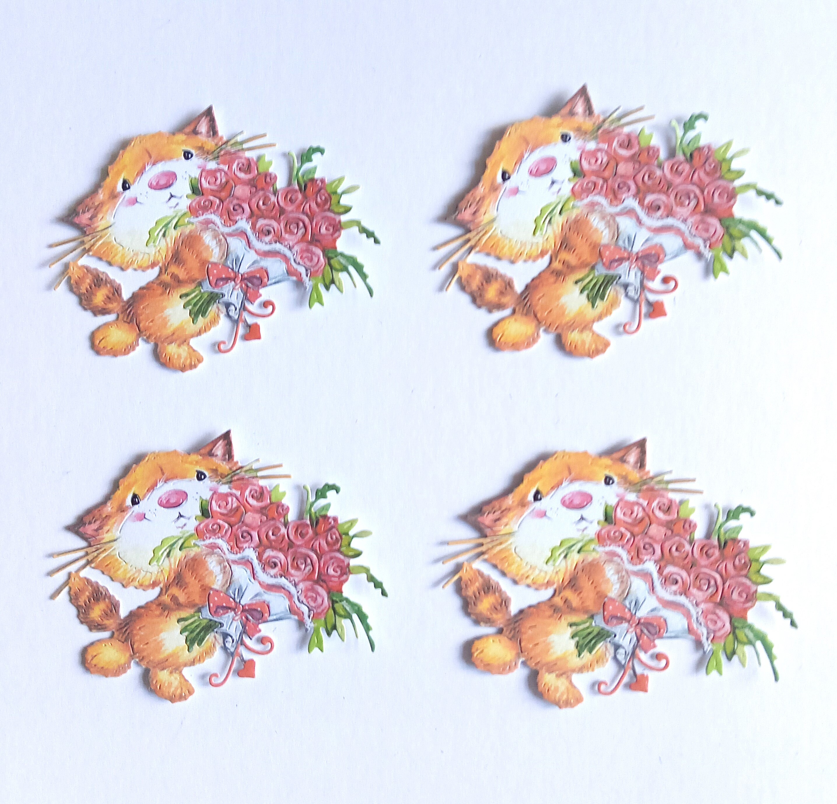 4 Cute Kitty With Flower Bouquet Die Cuts, Cat Lover Card Toppers for ...