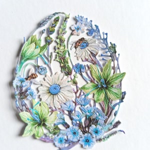 5 x gemusterte Blumen in Eiform, Ausstanzteile blau/grün, Osterkarten, Kartendekoration, Scrapbooking