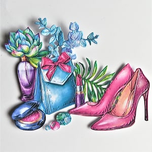 Gestanste schoenen, tas en make-up x 4, kleurrijke meisjesstansvormen, vrouwelijke uitsnijdingen voor scrapbooking, journaling, kaarten maken.