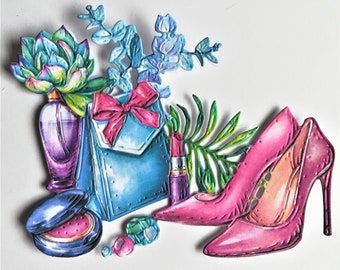 Troqueles de zapatos, bolsos y maquillaje x 4, troqueles coloridos y femeninos, recortes para scrapbooking, diarios y creación de tarjetas.