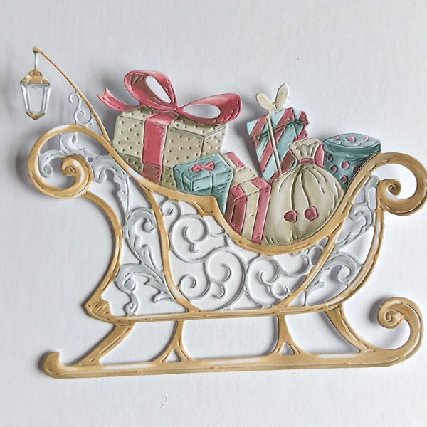 2 x large Santa sleigh Christmas die cuts, gift wrapped xmas presents card topper for card making, scrapbooking, journaling and home decor.