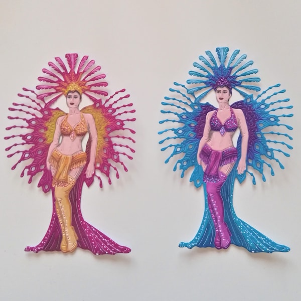 Die cut Showgirls in pink and blue for scrapbooking and card making.