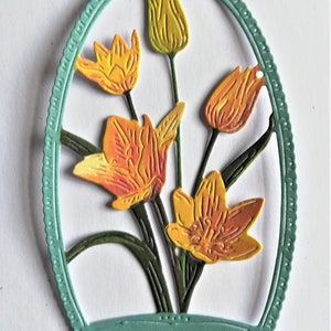 6 gelbe Tulpen-Blumen im grünen Rahmen, Stanzteile, Papierblumen, Papierblumen, Scrapbooking, Junk-Journal und Kartenherstellung
