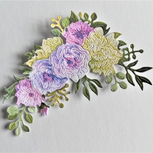 6 x cortes em forma de flor roxa, toppers de cartão de flores de papel misto, scrapbooking, diário de lixo e materiais para fazer cartões