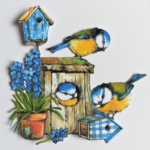 Cortes de casas de pássaros x 5, cortes de pássaros, casas e plantas, recortes de pássaros de chapim-azul, chapéus de coco de cartão