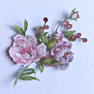 6 x fleurs roses et baies découpées, décorations de cartes de Noël, fleurs festives et baies découpées pour journal, scrapbooking, fabrication de cartes