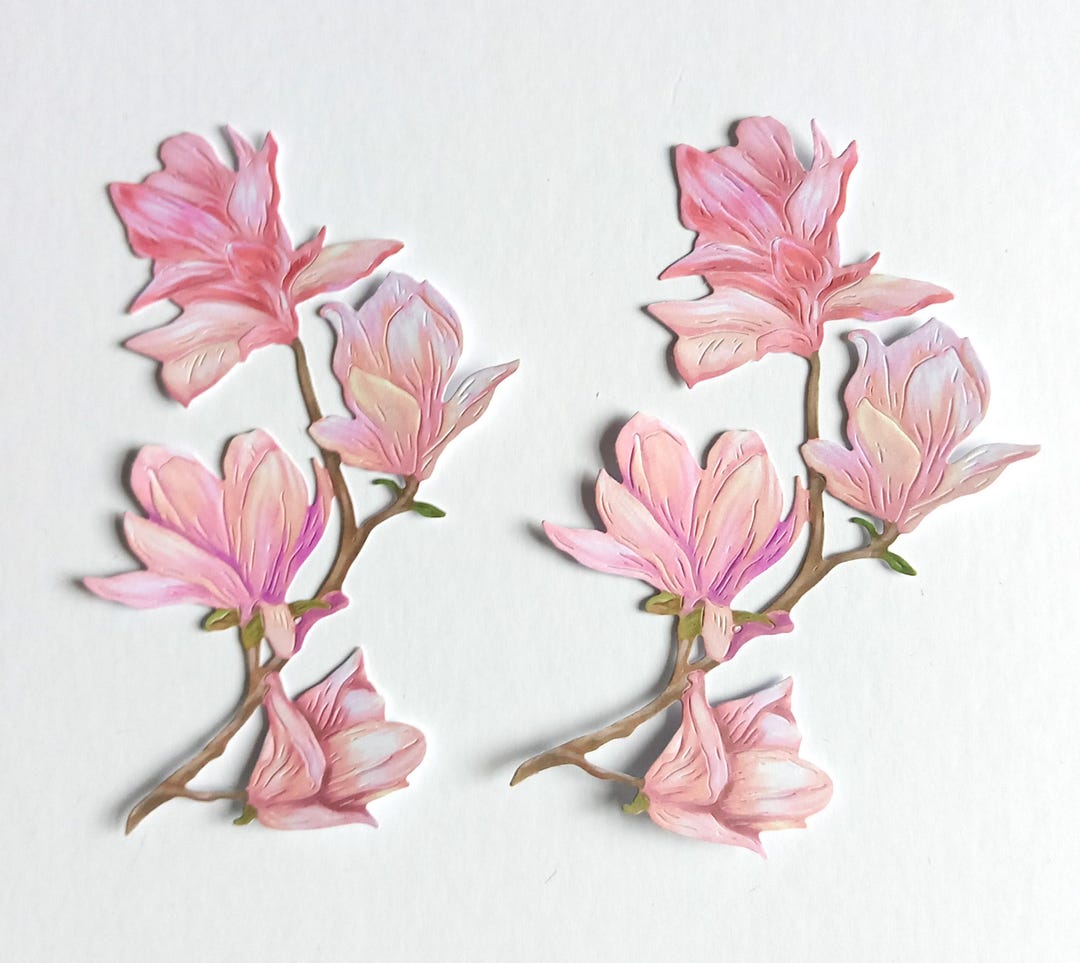 2 Large Magnolia Flowers Die Cuts, Pink Paper Flower Embellishments ...
