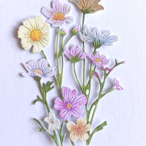 4 x recortes altos de flores em tons pastéis, buquê de flores silvestres recortadas em papel amarelo e rosa para scrapbooking, cartões, enfeites para diário, itens efêmeros
