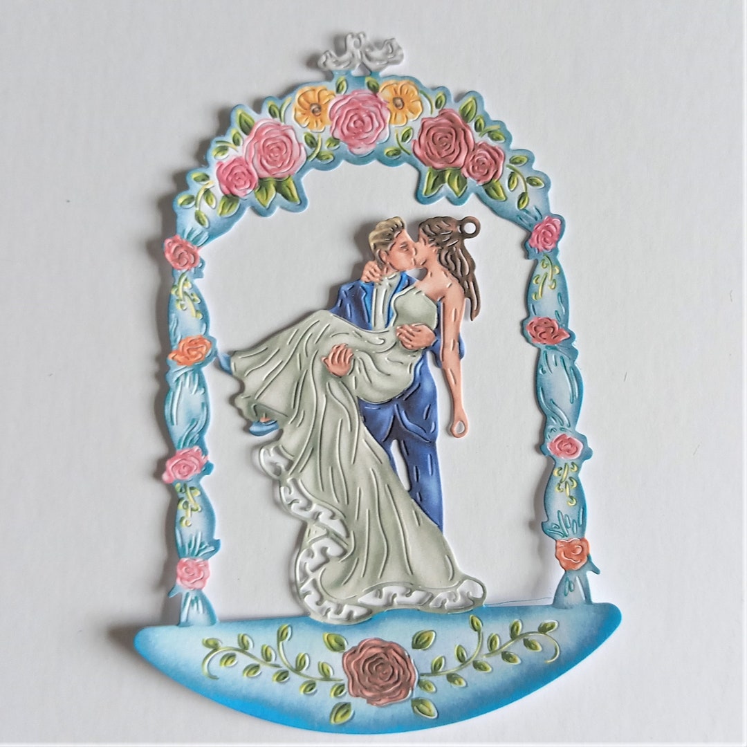 2 X Large Wedding Die Cuts, Bride and Groom in Flower Frame Die Cuts