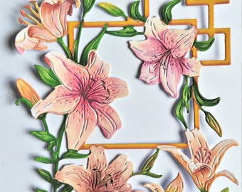 2 large lilies flower frames die cuts, peach lily flowers in gold frames, die cut flowers, card toppers