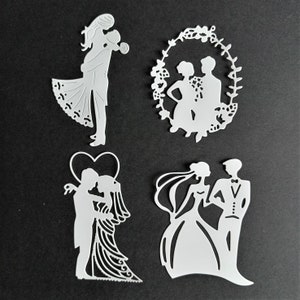 4x zwarte of witte bruiloftsstansen, bruid en bruidegom die cuts, trouwkaartaanbod, romantische figuren, benodigdheden voor het maken van kaarten, silhouet