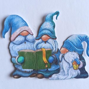 4 fustelle gonks canterini blu per biglietti di Natale, gnomi canterini per scrapbooking, creazione di biglietti di junk journal, decorazioni per la casa, abbellimenti
