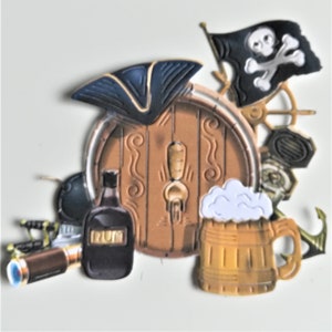 Troqueles para beber piratas ideales para tarjetas de hombres, 6 troqueles con sombrero pirata, cerveza, ron y más, adornos de papel, creación de tarjetas