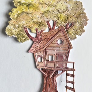 4 x recortes de casas na árvore, chapéus de coco de cartões da natureza, imagens de acampamento e atividades ao ar livre, cartões infantis, scrapbooking, materiais para fazer cartões de diário indesejado