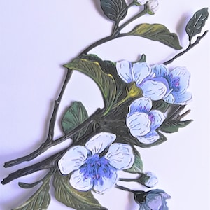 Large blue flower branch die cuts x 2, die cut blue flowers on branch with leaves
