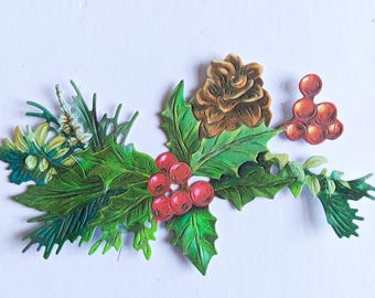 4 x holly branch pine cone die cuts, Christmas card toppers, festive leaves, berries, pine cone arrangement for scrapbooking and card making