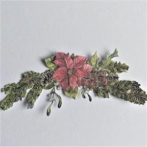 6 x gestanste kerstster, gestanste kerstster met bloem- en bladtakjes met dennenappels en maretak, 4 grote en 2 kleinere die kransen kunnen vormen