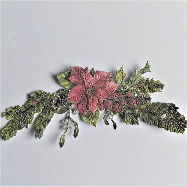 Christmas die cuts x 6, die cut poinsettia flower and leaf sprigs with pine cones and mistletoe, 4 large and 2 smaller that can form wreaths