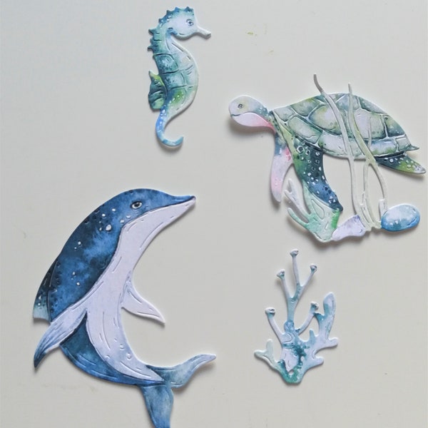 16 sea life die cuts, dolphin, turtle, sea horse, coral die cuts