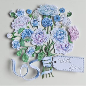 4 x bouquet di fiori blu con etichetta e nastro fustellato, fiore fustellato, toppers di carta, mazzo di fiori fustellati, con etichetta d'amore