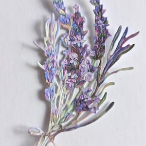 5 paarse lavendelbloemstansen, takjes delicate bloemuitsparingen, kaarttoppers, kaart maken aanbod, scrapbooking
