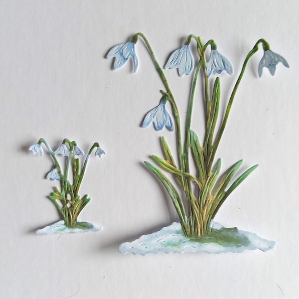 6 x snowdrop flower die cuts, 3 sets of 2 white flower cut outs with tint of light blue, card toppers, scrapbooking and card making supplies