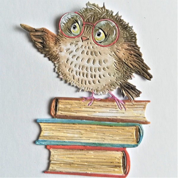 4 x owl and books die cuts, exam cards, teacher gift cut outs, graduation cards toppers, scrapbooking, junk journal card making supplies