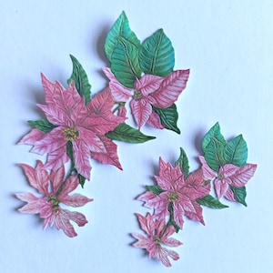 8 x recortes de poinsétia rosa, recortes de papel de Natal, folhagem verde com flores rosa para fazer cartões, scrapbooking, diário, decoração de casa