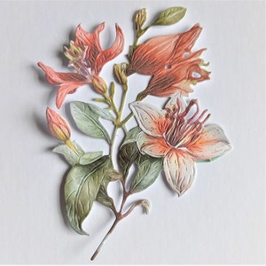 オレンジ色のユリの花の小枝のダイカット6個、カード作り、家の装飾、スクラップブッキング、日記に使える秋の紅葉