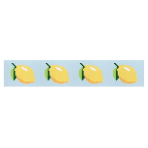 May include: A pixelated design featuring four yellow lemons with green stems and leaves. The lemons are set against a light blue background with a grid pattern, creating a cross-stitch or embroidery effect. The design is simple and cheerful.