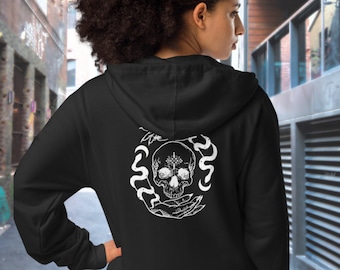 May include: Black hooded sweatshirt with a white skull and snake design on the back.