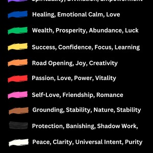Op de afbeelding: Een zwarte achtergrond met de witte titel "COLOUR SYMBOLISM". Daaronder een lijst met kleuren en hun betekenissen: paars (spiritualiteit), blauw (genezing), groen (rijkdom), geel (succes), oranje (vreugde), rood (passie), roze (zelfliefde), bruin (aarding), zwart (bescherming), wit (vrede), grijs (intu&iuml;tie) en goud (geluk).