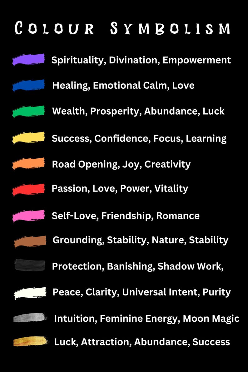 Op de afbeelding: Een zwarte achtergrond met de witte titel "COLOUR SYMBOLISM". Daaronder een lijst met kleuren en hun betekenissen: paars (spiritualiteit), blauw (genezing), groen (rijkdom), geel (succes), oranje (vreugde), rood (passie), roze (zelfliefde), bruin (aarding), zwart (bescherming), wit (vrede), grijs (intu&iuml;tie) en goud (geluk).
