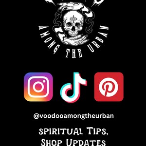 May include: Black and white illustration of a skull with snakes and hands, with the text "Voodoo Among The Urban" above it. Social media icons for Instagram, TikTok, and Pinterest are below the illustration, along with the text "@voodooamongtheurban" and "Spiritual Tips, Shop Updates And More!"