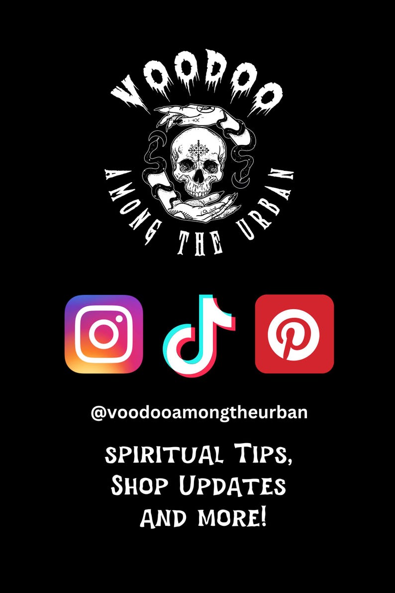 May include: Black and white illustration of a skull with snakes and hands, with the text "Voodoo Among The Urban" above it. Social media icons for Instagram, TikTok, and Pinterest are below the illustration, along with the text "@voodooamongtheurban" and "Spiritual Tips, Shop Updates And More!"