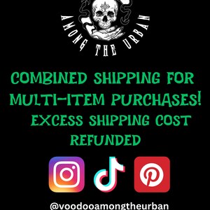 Op de afbeelding: Zwarte afbeelding met een schedel en de woorden "VOODOO AMONG THE URBAN". De afbeelding bevat ook social media-iconen voor Instagram, TikTok en Pinterest, samen met de gebruikersnaam @voodooamongtheurban. Tekst promoot spirituele tips en shop updates.
