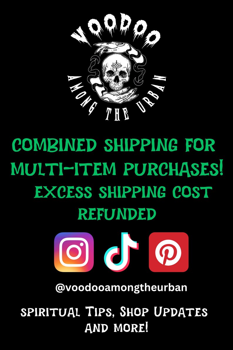 Op de afbeelding: Zwarte afbeelding met een schedel en de woorden "VOODOO AMONG THE URBAN". De afbeelding bevat ook social media-iconen voor Instagram, TikTok en Pinterest, samen met de gebruikersnaam @voodooamongtheurban. Tekst promoot spirituele tips en shop updates.