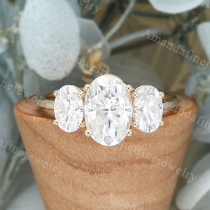 Three stone Moissanite engagement ring vintage Solid yellow gold Unique Oval engagement ring Simple ring Bridal Anniversary Promise ring