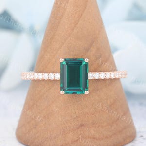 Emerald cut emerald engagement ring Vintage Yellow gold ring Unique diamond ring Half eternity ring Art deco Bridal ring Anniversary gift