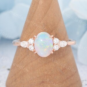 Oval cut Opal engagement ring Unique rose gold ring Marquise diamond ring Art deco Bridal ring Vintage ring Promise ring Anniversary gift