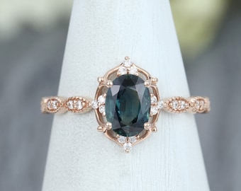 Oval Green Blue sapphire engagement ring vintage Milgrain ring Diamond cluster ring rose gold engagement ring Bridal Promise gift for her