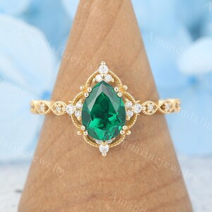 Pear shaped Emerald engagement ring Vintage yellow gold ring Milgrain ring Half eternity diamond ring Art deco Promise ring Anniversary gift