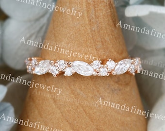 Marquise cut Moissanite wedding band Vintage Rose gold wedding band Inspired Unique Half eternity Matching Stacking Bridal Promise ring