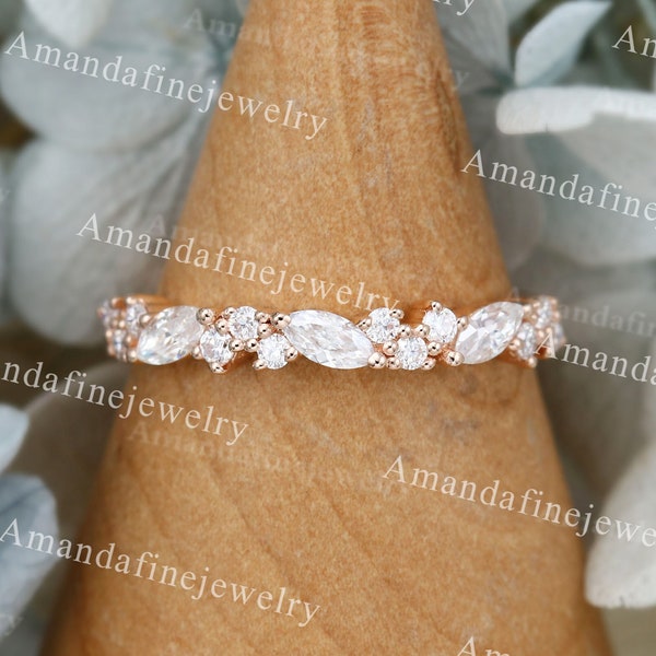 Marquise cut Moissanite wedding band Vintage Rose gold wedding band Inspired Unique Half eternity Matching Stacking Bridal Promise ring