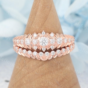 Unique Moissanite engagement ring set Vintage rose gold ring set Cluster diamond ring Leaf ring Bridal set Promise ring Anniversary gift