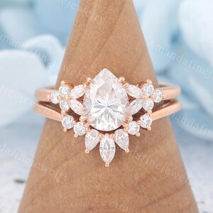 Tropfenförmiger Moissanit Verlobungsring Vintage Roségoldring Set Marquise Diamantring Versprechensring Mattring Jubiläumsgeschenk