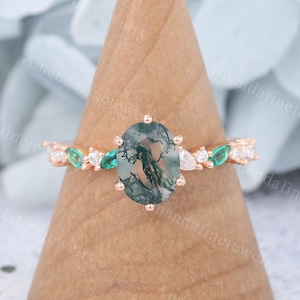Oval cut Moss Agate engagement ring Unique Rose gold ring Marquise cut Emerald Art deco Diamond Bridal ring Promise ring Anniversary gift
