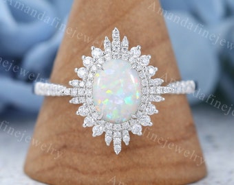 Oval cut Opal engagement ring vintage white gold art deco Halo diamond Unique moissanite engagement ring delicate Half eternity bridal ring